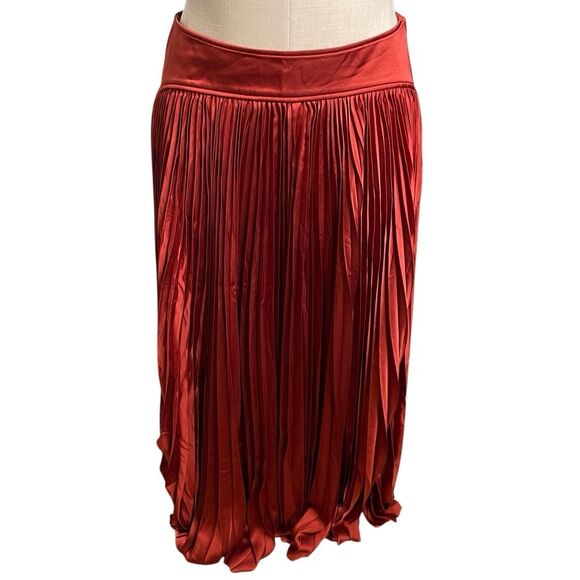 H&M Womens High Waisted Satin Maxi Skirt 10 Rust Red Accordian Pleat Boho Flowy - Picture 1 of 9